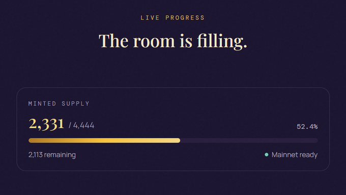 A 'Live Progress' dashboard for a mint event showing 'The room is filling.' with a Minted Supply progress bar indicating 2,331 / 4,444 (52.4%) and 2,113 remaining, labeled as 'Mainnet ready'.