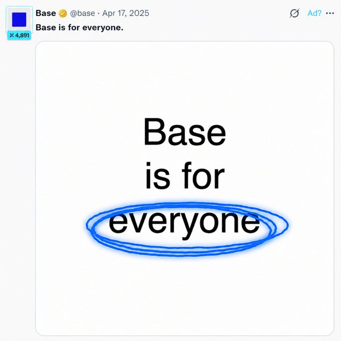 Screenshot of an X (Twitter) post by @base from April 17, 2025, stating 'Base is for everyone.' with the word 'everyone' circled in blue.