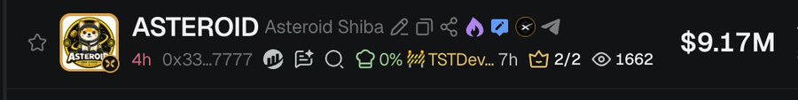 A screenshot showing the "ASTEROID" (Asteroid Shiba) token with a market cap of $9.17M, contract address beginning with "0x33...7777", a 4-hour price change indicator, and 1662 views. The image relates to the post's theme of crypto trading frustration and dealing with time zone/sleep challenges while monitoring volatile BSC tokens like Asteroid Shiba.