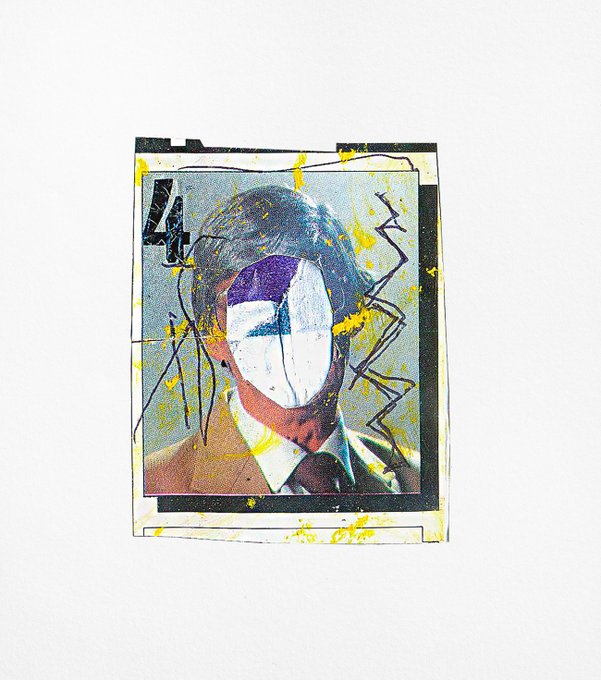 An abstract mixed-media art piece featuring a portrait of a person in a suit with colorful paint splatters and geometric elements on a white background.