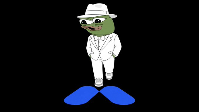 A Pepe the Frog meme dressed in a white suit and fedora, walking on a blue infinity-style logo against a black background.
