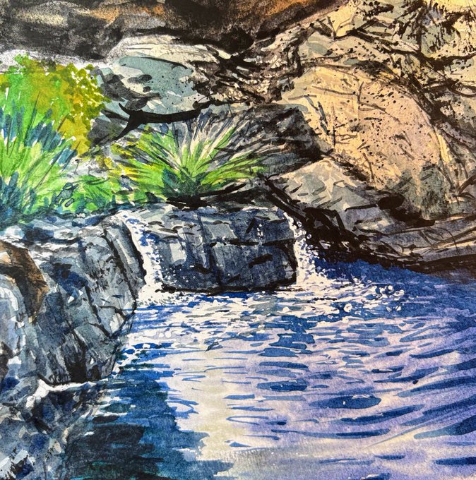 A watercolor painting depicting a rocky landscape with green agave-like plants and a blue body of water reflecting light.