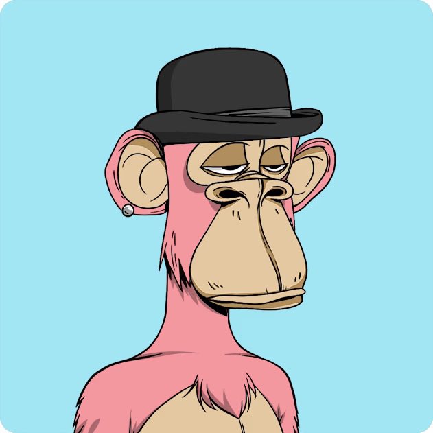 A cartoon illustration of a Bored Ape-style pink monkey character wearing a black bowler hat with a bored expression on a teal background.