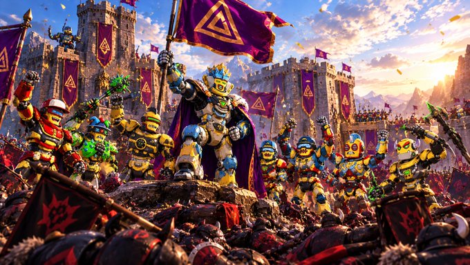 A vibrant digital artwork depicting a fantasy battle scene with LEGO-like characters in armor holding flags with triangular symbols, a crowned figure on a throne in the center, and a castle in the background with banners during sunset.