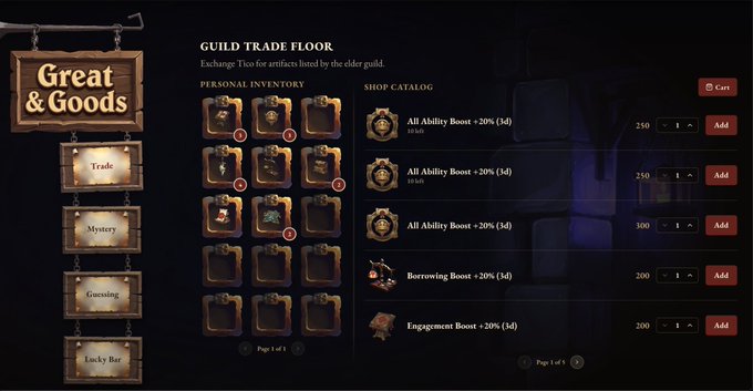 A screenshot of a 'GUILD TRADE FLOOR' interface from a video game called 'Great & Goods', showing a shop catalog with items like 'All Ability Boost +20% (3d)' priced at 250 and 'Borrowing Boost +20% (3d)' priced at 200.