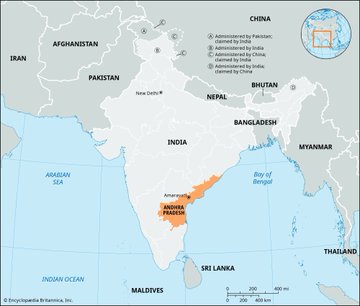 A map of India highlights Andhra Pradesh in orange along the southeastern coast, with neighboring countries including Pakistan, China, Nepal, and Sri Lanka labeled, providing geographic context for the state's new "Mee Bhoomi-Blockchain" land records pilot covering 89 villages and 13.7 lakh land parcel maps.