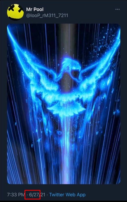 A glowing blue phoenix image made of light beams and particle effects is posted from Twitter user @looP_rM311_7211 ("Mr Pool") on 6/27, visually embodying the caption "Rise of PhoeniX — The end is just the beginning." through its rising, fiery blue silhouette symbolizing rebirth.