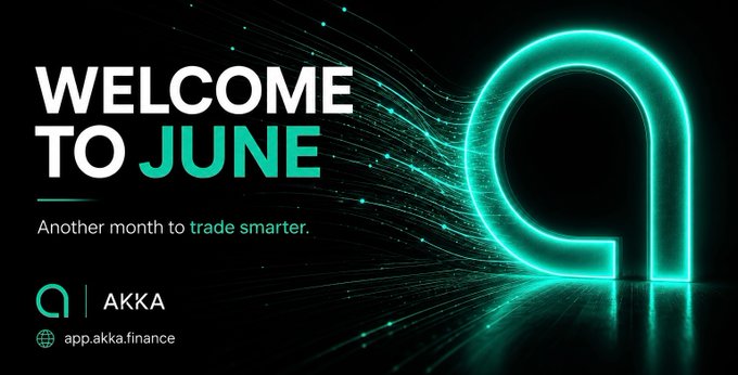 The image features an advertisement for Akka Finance with a green glow from neon light that surrounds the letter "A" in the middle of a dark background, creating a striking visual effect. The text at the bottom of the picture reads "Welcome to June" and "Another month to trade smarter", indicating that it is the first month of June and that this promotion encourages users to make more informed and efficient trades.