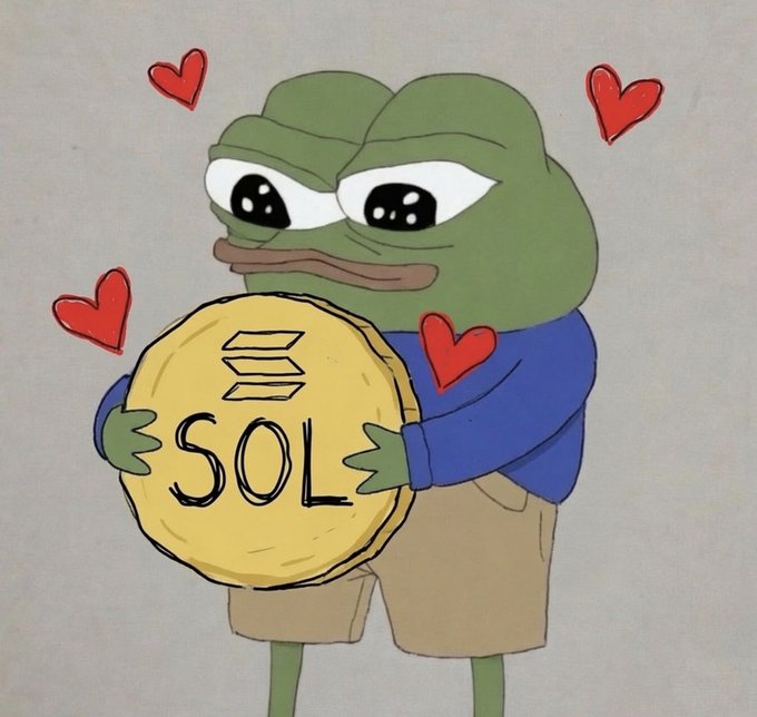 A hand-drawn Pepe the Frog holds a large coin labeled "SOL" surrounded by red hearts, visualizing affection for the Solana token. The image humorously responds to the request for a SOL address by depicting Pepe lovingly clutching a Solana coin, emphasizing enthusiasm for the cryptocurrency.
