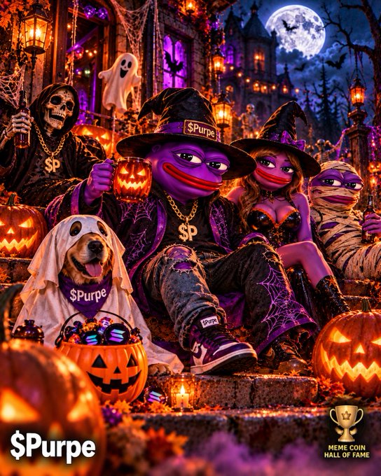 A Halloween-themed promotional image for '$Purpe' showing purple Pepe the Frog characters dressed as witches with jack-o'-lanterns, candy buckets, and a dog in a ghost costume, with a 'MEME COIN HALL OF FAME' trophy badge.