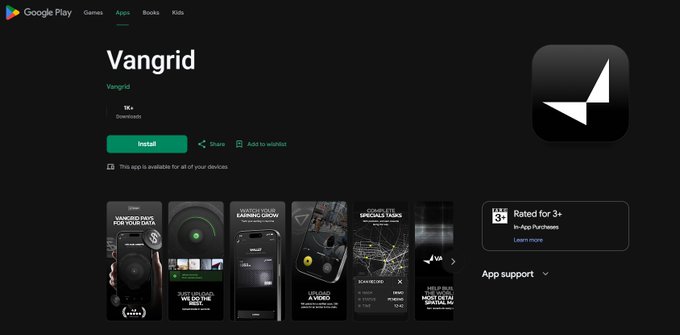 A Google Play Store listing for an app called 'Vangrid' by developer Vangrid, showing 1K+ downloads, rated for 3+, with a black and white geometric logo and app screenshots.