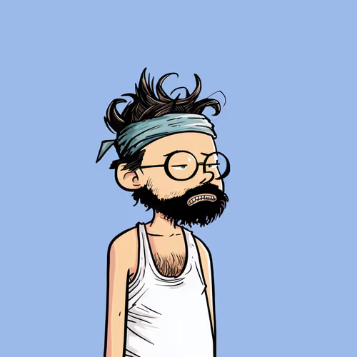 An illustrated cartoon of a bearded man with glasses, messy hair, and a headband, wearing a white tank top against a blue background.