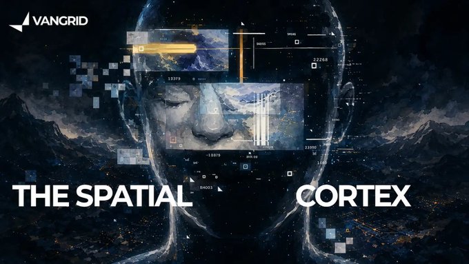 A futuristic tech-themed banner from 'VANGRID' featuring a digital face overlaid with data streams and graphics. Large text reads 'THE SPATIAL CORTEX'.
