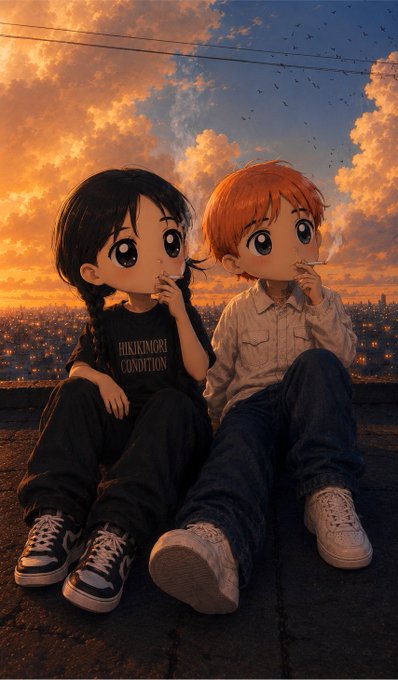 Anime-style artwork of two young children sitting on a rooftop at sunset, one with black braids wearing a 'HIROSHIMA CONDITION' shirt and the other with orange hair holding a lollipop.