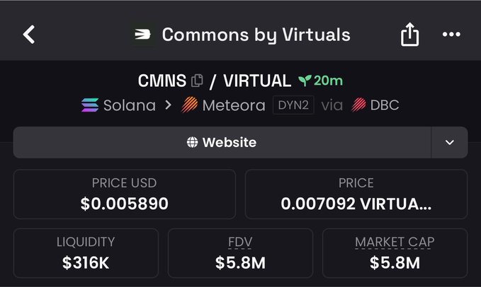 The image shows a cryptocurrency token page for "Commons by Virtuals" (CMNS/VIRTUAL) on Solana via Meteora DYN2/DBC, displaying a price of $0.005890, liquidity of $316K, and FDV/Market Cap of $5.8M. This appears to be promotional content showcasing the "CMNS" token, with the accompanying post referencing a 20,000 voucher reward and a "slasher" — likely tied to the token's dynamic mechanism or launch incentives via DBC.