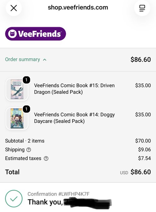 A VeeFriends online order confirmation screen from shop.veefriends.com showing a total of $86.60 USD for two comic books.