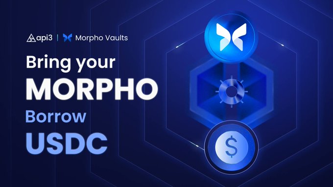 A promotional graphic for api3 and Morpho Vaults featuring 'Bring your MORPHO Borrow USDC' with a Morpho butterfly logo.