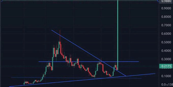 A financial candlestick chart showing a descending triangle pattern with a breakout to $0.9880, currently trading at $0.2175.