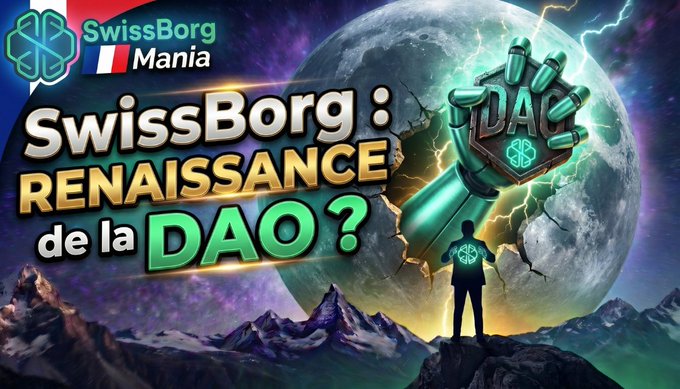 The image features a man standing next to a large planet, with a robot hand holding up a shield that says "SwissBorg DAO?". The caption reads "SwissBorg DAO; Renaissance? + Governance! Potentially Millions of $BORG allocated to engaged Borgers. We'll talk about it tonight. + Boosted referrals ... It's BuidL-ing at #swissborg youtube.com/live/ZBjSaQbLi". The image is related to the post because it features a man and a robot hand holding up a shield, which has the word "SwissBorg" on it. This suggests that the post might be about SwissBorg or Renaissance, as well as possibly discussing the DAO project.