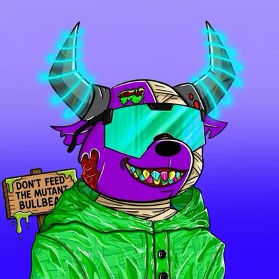 A colorful digital illustration of a purple mutant bull character with glowing cyan horns and visor, holding a sign that says 'I DON'T FEED THE MUTANT BULLS!'.