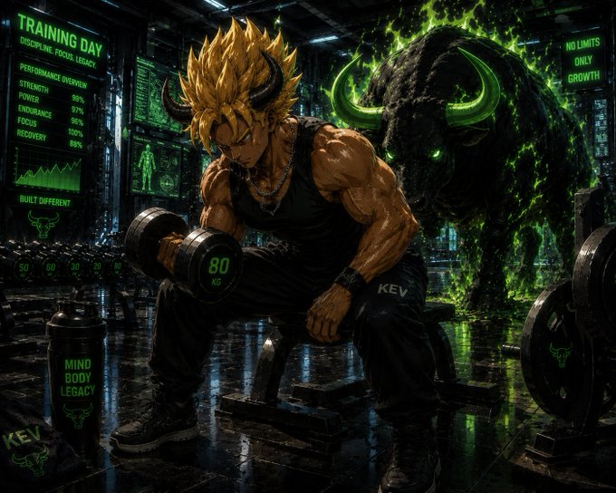 An anime-style illustration of a muscular blonde character with horns lifting an 80kg dumbbell in a gym, accompanied by a glowing green bull and training stats including strength at 50% and focus at 100%.