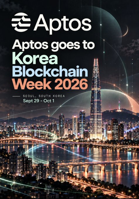 A promotional poster for 'Aptos goes to Korea Blockchain Week 2026' in Seoul, South Korea, scheduled for Sept 29 - Oct 1, featuring a cityscape with a prominent skyscraper.