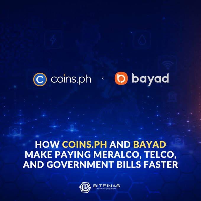 A promotional graphic titled "HOW COINS.PH AND BAYAD MAKE PAYING MERALCO, TELCO, AND GOVERNMENT BILLS FASTER," featuring the logos for coins.ph and bayad against a blue digital background, sourced from BitPinas.