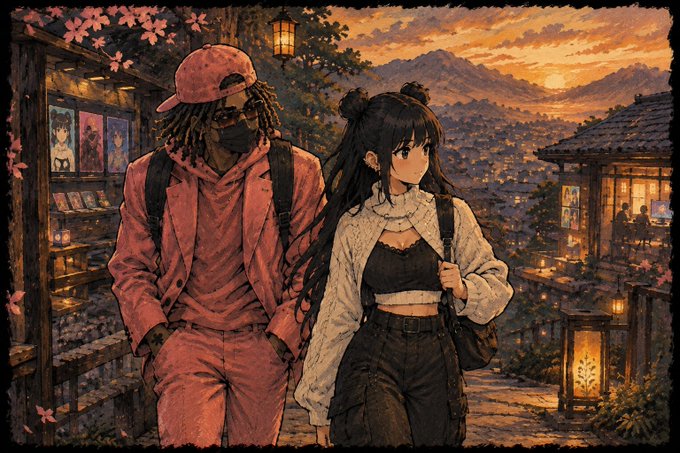 Anime-style artwork featuring a masked man in pink and a dark-haired woman walking through a Japanese village at sunset.