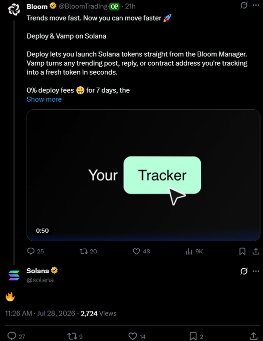 The image shows a tweet from Bloom (@BloomTrading) promoting "Deploy & Vamp on Solana" features, with 0% deploy fees for 7 days, displayed alongside a Solana (@solana) reply containing a fire emoji and the caption "Solana is being led by absolute retards." The image essentially captures the Solana ecosystem's rapid meme-coin/tokenization culture being celebrated by Bloom's trading platform while Solana's official account reacts with a flippant acknowledgment of the chaotic, hype-driven environment.