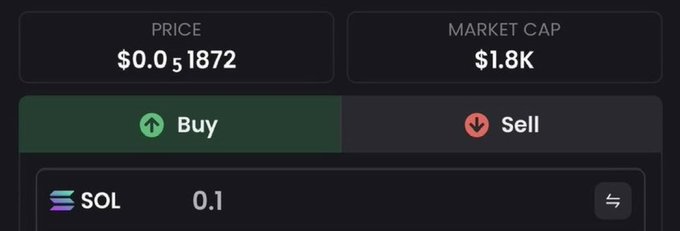 The image shows a cryptocurrency trading interface displaying a token priced at $0.051872 with a market cap of $1.8K and a buy option selected for 0.1 SOL. This relates to the post's "next 10000x" claim by showcasing an extremely low-priced, low-cap micro-cap altcoin in its early stages—a typical setup used in pump-and-dump promotional posts.