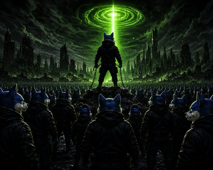 A dark, surreal scene featuring a central figure wearing a blue cat mask standing before a glowing green portal, surrounded by an army of similar cat-masked figures, with a dystopian city skyline in the background.