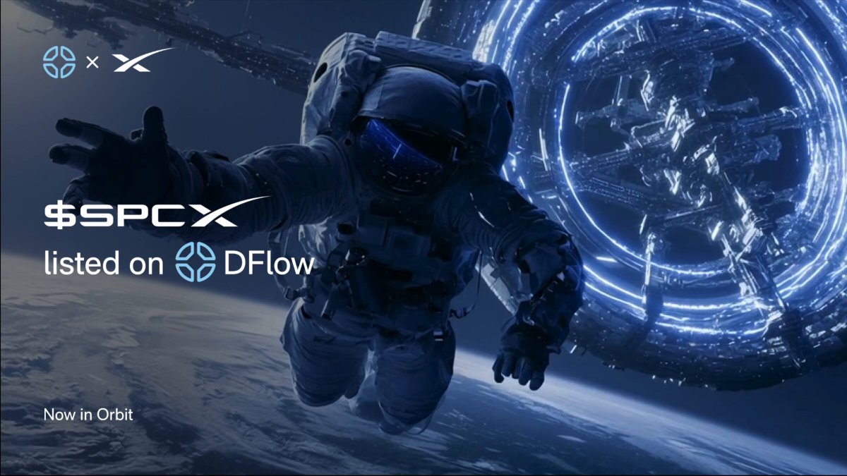 The image features a man wearing an astronaut suit floating in space above a planet. The caption of the image reads "@SPCX tokens are now live on DFlow". This suggests that the image is related to the Space X IPO, where tokenized shares were issued by @Backpack Securities and @SunriseDeFi. The post also mentions that these tokens can be redeemed with the underlying asset, which could potentially be a space exploration company or a space travel company.