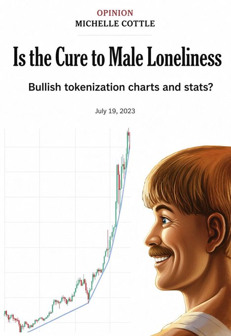 A satirical article header reads 'Is the Cure to Male Loneliness' with the subtitle 'Bullish tokenization charts and stats?' by Michelle Cottle, dated July 19, 2023, alongside an illustration of a smiling mustached man and a rising chart.