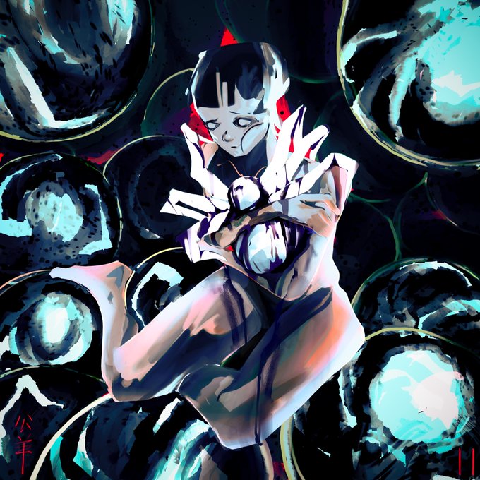 A dark, stylized digital painting of a pale figure in a crouched pose surrounded by large glowing teal circular orbs, with red Japanese-style characters in the corner.