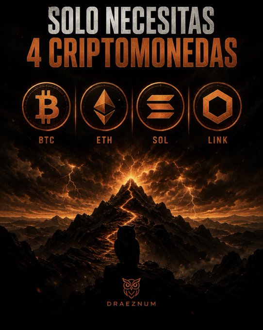 A promotional graphic with the text 'SOLO NECESITAS 4 CRIPTOMONEDAS' featuring logos for BTC, ETH, SOL, and LINK, depicting a cat silhouette on a mountain with lightning, branded with 'DRAEZNUM' at the bottom.
