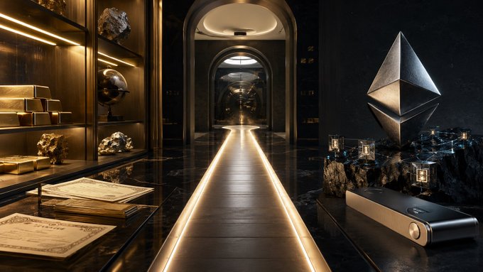 A luxurious, vault-like interior featuring a glowing walkway flanked by display cases holding books, a globe, and metallic artifacts, with an Ethereum diamond logo prominently displayed on the right. The opulent setting visually reinforces the post's theme by suggesting that crypto adoption through ether_fi's expanded self-custody app is becoming as seamless and refined as traditional finance—bridging DeFi's complexity with mainstream sophistication.