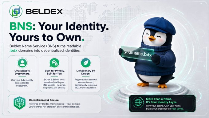 A promotional graphic for Beldex (BDX) highlighting the Beldex Name Service (BNS), which allows users to convert readable .bdx domains into decentralized identities, featuring a cartoon penguin mascot holding a "yourname.bdx" sign and emphasizing "Your Identity. Yours to Own." with points on privacy, deflationary design, and decentralization.