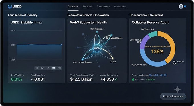 USDD DeFi dashboard showing USDD Stability Index chart at $1.00, Web3 Ecosystem Health radar with DeFi Protocols and dApps, and a Collateral Reserve Audit donut chart showing 138% over-collateralization with ETH, USDD/USDT, and BTC reserves.