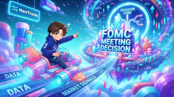 A vibrant cartoon-style illustration by 'NeoTrade' depicting a boy riding a futuristic vehicle toward a 'FOMC MEETING DECISION' surrounded by market signals and percentage indicators.