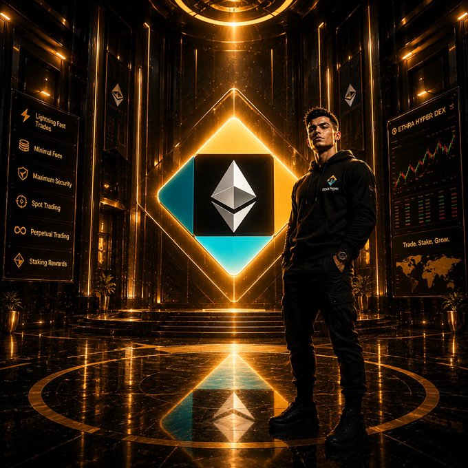 A cinematic image of a man in black attire standing before a glowing Ethereum (ETH) logo, with panels displaying features like "Lightning-Fast Trades," "Minimal Fees," and "Maximum Security" for an "ETHRA HYPER DEX."