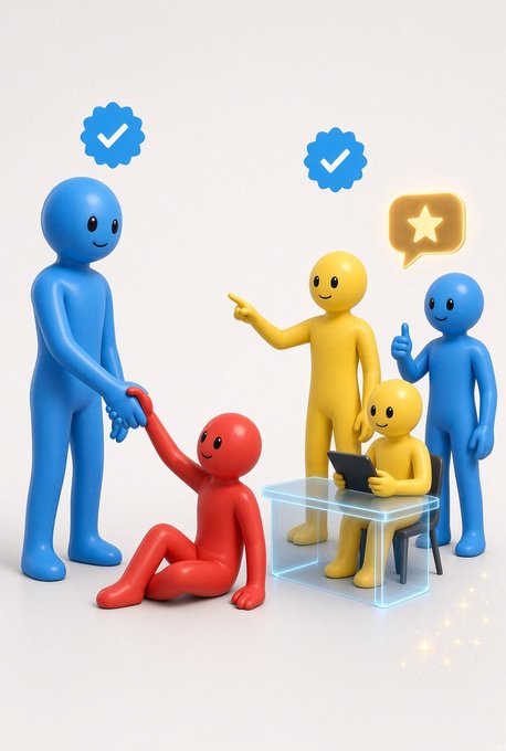 A 3D illustration of blue, yellow, and red figurines depicting teamwork and communication, with speech bubbles containing checkmarks and a star, set against a white background.