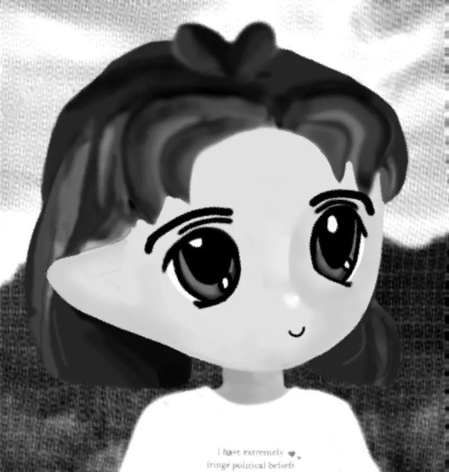 A black and white anime-style illustration of a cute character with large expressive eyes, pointed elf-like ears, and dark hair, with text reading 'I have extremely fringe political beliefs' at the bottom.