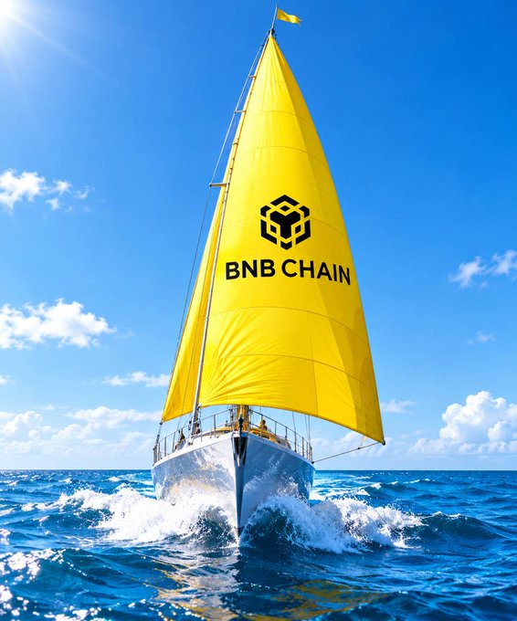 A sailboat with a bright yellow sail featuring the BNB Chain logo and "BNB CHAIN" text cuts through blue ocean waters, symbolizing BNB Chain's steady navigation through six years of blockchain evolution as it celebrates its anniversary. The image's imagery of a vessel charting its own course mirrors the post's message about BNB Chain forging an independent path amid fierce competition and shifting crypto trends.