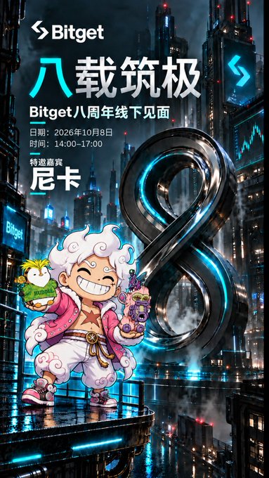 A promotional poster for Bitget's 8th anniversary offline meetup featuring a cartoon character in front of a large metallic '8', with text in Chinese announcing the event date as October 8, 2026, from 14:00-17:00, and a special guest named Nika (尼卡).