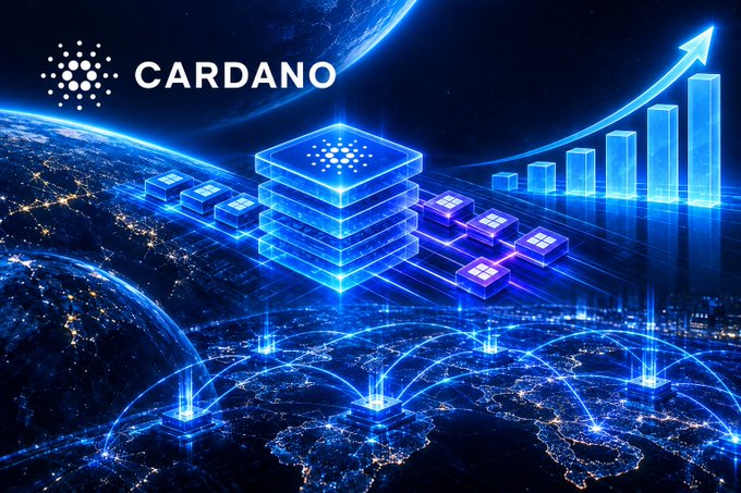 A blue digital illustration labeled “CARDANO” shows a glowing layered blockchain-style network, a rising arrow, and bar-chart shapes over Earth.