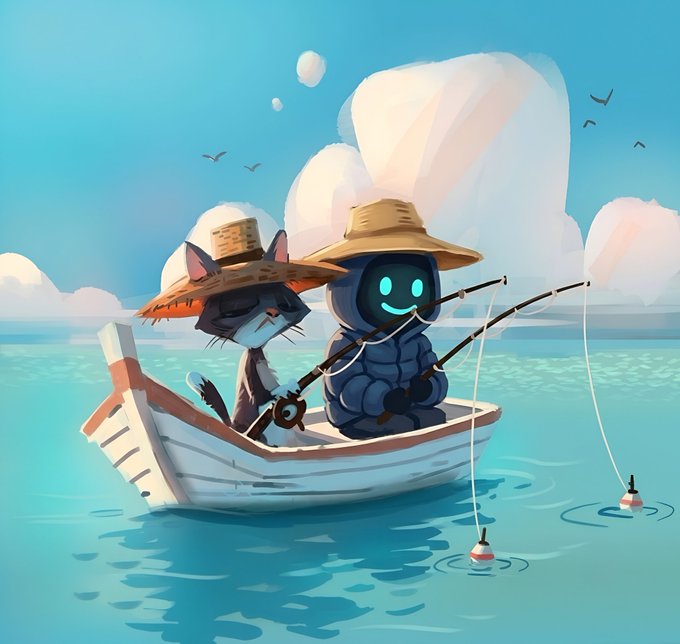 Digital illustration of a cat and a glowing blue robot character wearing straw hats, fishing together from a small white boat on turquoise water.