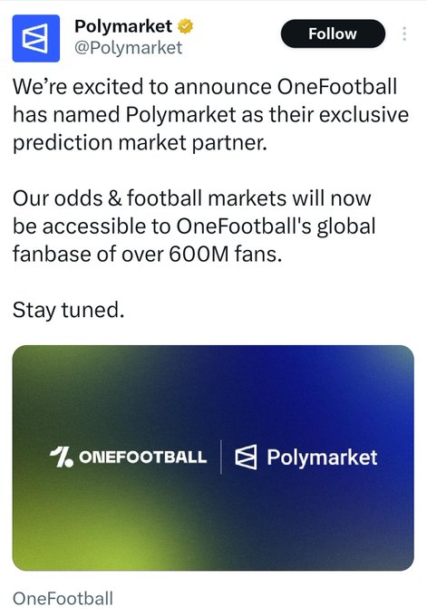 The image features a social media post about OneFootball Airdrop users, discussing a partnership between OneFootball and Polymarket. The post explains that if the holders already have an existing account with OneFootball, they can become members of Polymarket through this partnership. The post highlights the potential demand for OneFootball due to its global reach and mentions an estimated 600M+ fans worldwide. It also emphasizes that this partnership could bring more attention and awareness to the app in the future, as it is one of the first official announcements about the app's partnership with Polymarket.