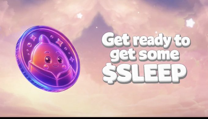 The image features a coin with a cartoon character on it that says "Get ready to get some sleep" written below it. The coin has a purple background and a blue border, giving it an artistic appearance. The text "SLEEP is not only the token, but is also your gateway to everything, AI experience, health intel," is displayed above the coin in white text. This message seems to be related to the coin's purpose or function within the game or app.
