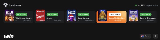 The image displays a "Last wins" section from the 1win betting platform, showing recent player winnings including USDT 42.07 on Wild Bounty Showdown, USDT 39.93 on Aviator, USDT 90.89 on Santa Mummy, USDT 259.25 on Book of Golden Sands, and USDT 49.34 on Gates of Olympus, with 91,295 players online at the time. This real-time display of substantial payouts across multiple games directly addresses the post's criticism by providing visible evidence of the platform's active user base and legitimate winnings, countering claims that it's a scam or unknown operation.