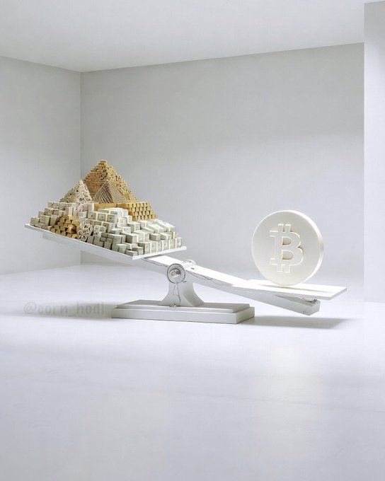 3D render showing a balance scale with a pile of small cubic buildings weighing against a Bitcoin coin, watermarked '@sorn_hodi'.